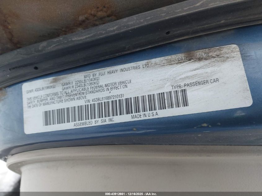 2009 Subaru Legacy 2.5I VIN: 4S3BL616897210131 Lot: 43912661