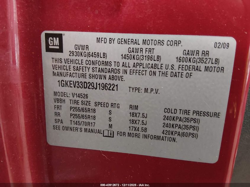 2009 GMC Acadia Slt-2 VIN: 1GKEV33D29J196221 Lot: 43912672