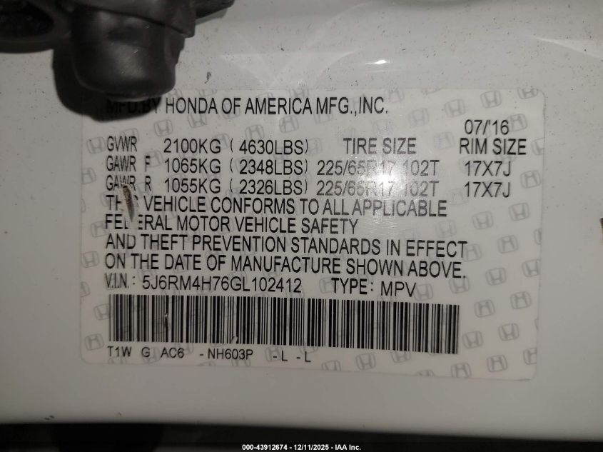 2016 Honda Cr-V Ex-L VIN: 5J6RM4H76GL102412 Lot: 43912674