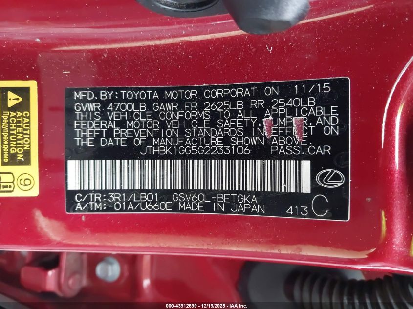 2016 Lexus Es 350 VIN: JTHBK1GG5G2233106 Lot: 43912690