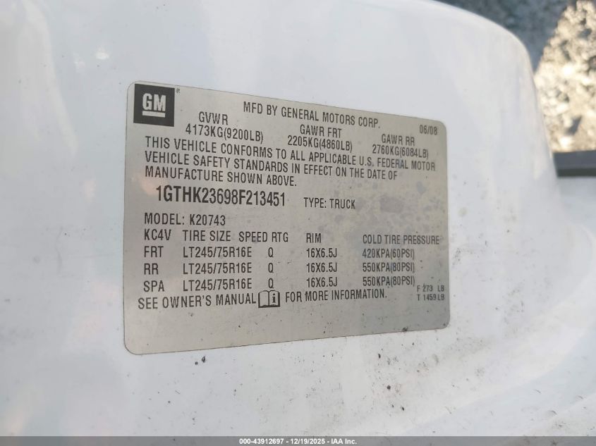 2008 GMC Sierra 2500Hd Work Truck VIN: 1GTHK23698F213451 Lot: 43912697