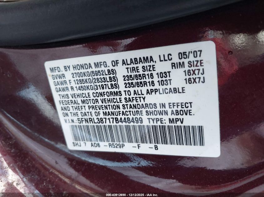 2007 Honda Odyssey Ex-L VIN: 5FNRL38717B448499 Lot: 43912698