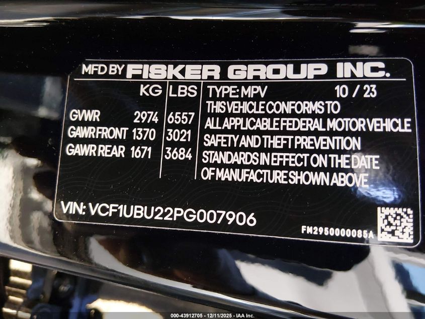 2023 Fisker Ocean Ultra VIN: VCF1UBU22PG007906 Lot: 43912705