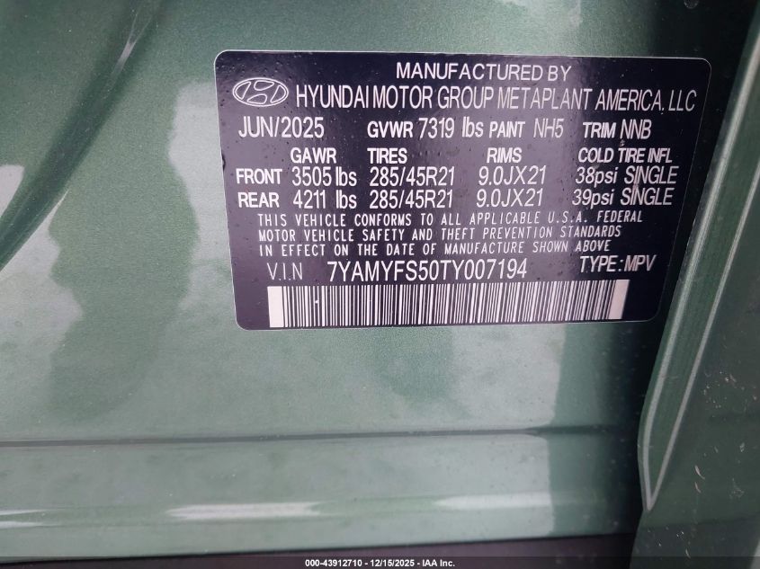 2026 Hyundai Ioniq 9 Performance Calligraphy VIN: 7YAMYFS50TY007194 Lot: 43912710