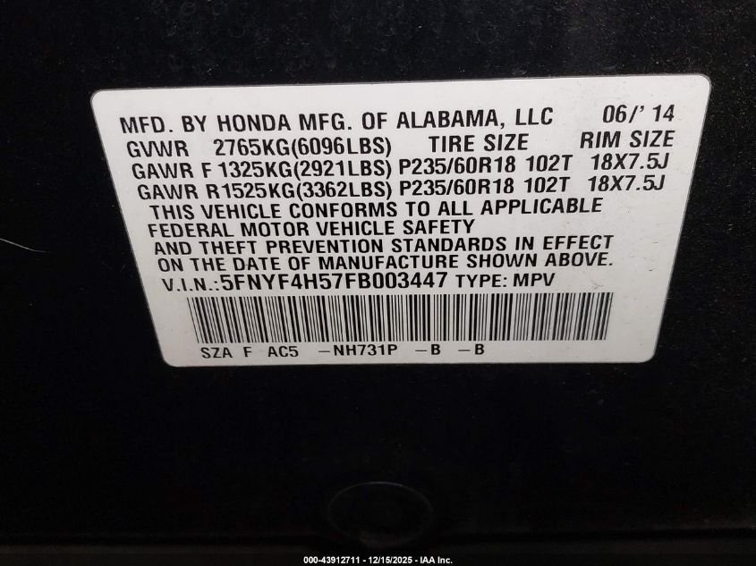 2015 Honda Pilot Ex-L VIN: 5FNYF4H57FB003447 Lot: 43912711