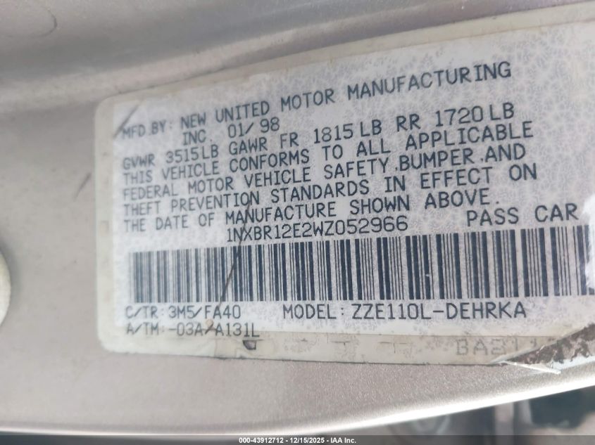 1998 Toyota Corolla Ve VIN: 1NXBR12E2WZ052966 Lot: 43912712