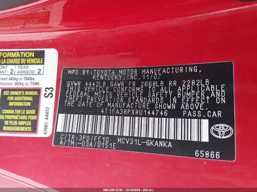 2008 Toyota Camry Solara Se VIN: 4T1FA38PX8U144746 Lot: 43912720