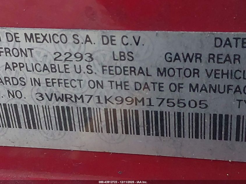 2009 Volkswagen Jetta Se VIN: 3VWRM71K99M175505 Lot: 43912723