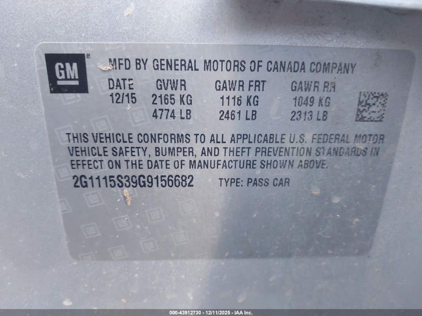 2016 Chevrolet Impala 2Lt VIN: 2G1115S39G9156682 Lot: 43912730