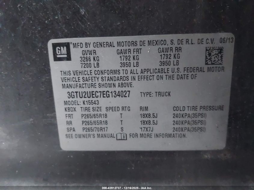 2014 GMC Sierra 1500 Sle VIN: 3GTU2UEC7EG134027 Lot: 43912737