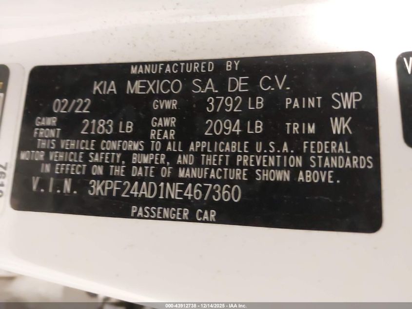 2022 Kia Forte Lxs VIN: 3KPF24AD1NE467360 Lot: 43912738