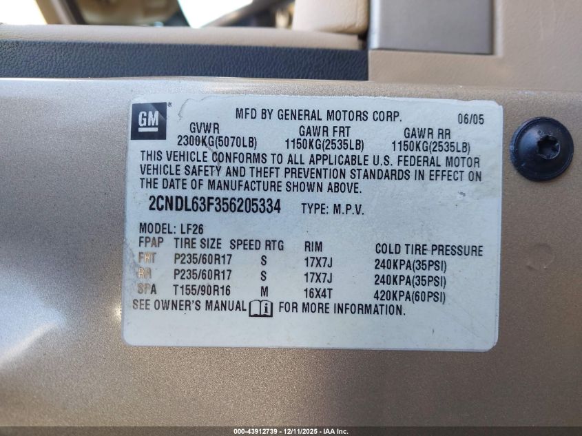 2005 Chevrolet Equinox Lt VIN: 2CNDL63F356205334 Lot: 43912739