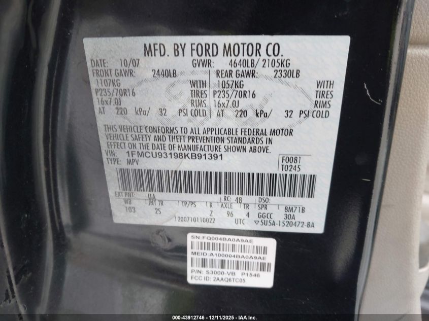 2008 Ford Escape Xlt VIN: 1FMCU93198KB91391 Lot: 43912746