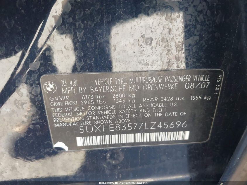 2007 BMW X5 4.8I VIN: 5UXFE83577LZ45696 Lot: 43912748