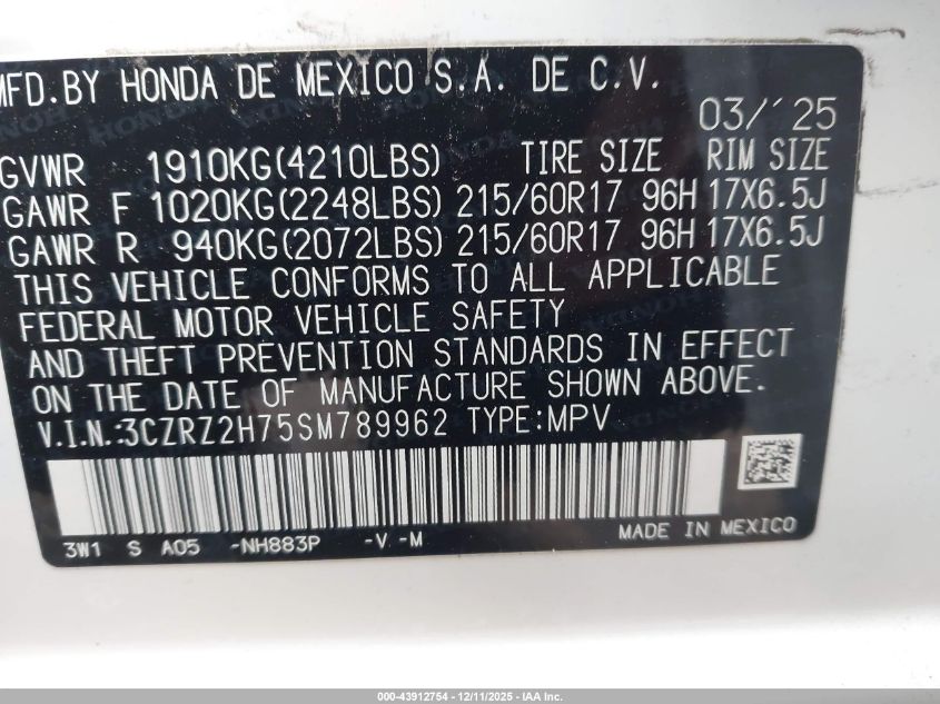 2025 Honda Hr-V Awd Ex-L VIN: 3CZRZ2H75SM789962 Lot: 43912754