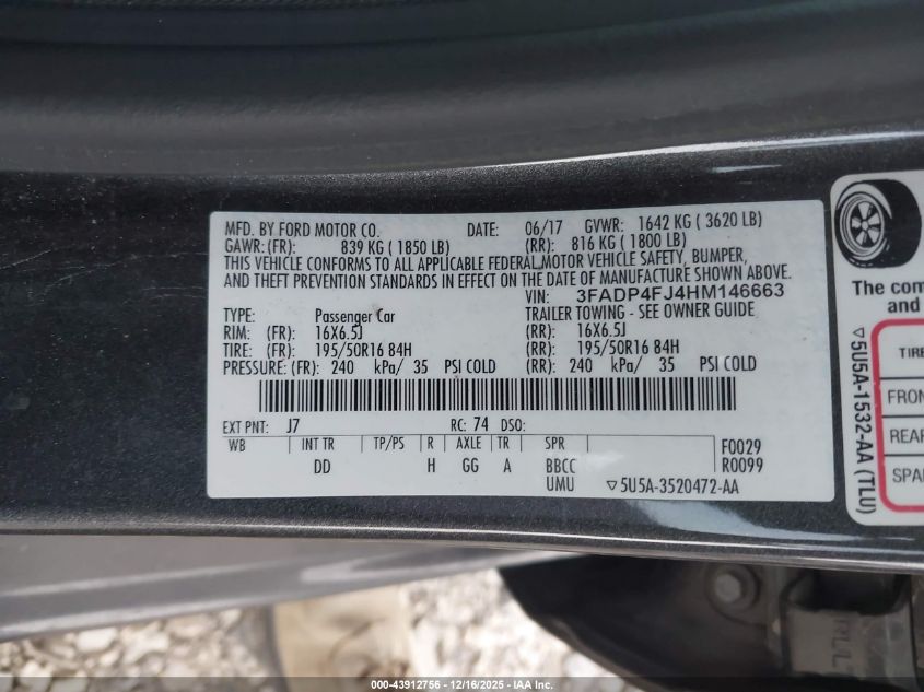 2017 Ford Fiesta Titanium VIN: 3FADP4FJ4HM146663 Lot: 43912756