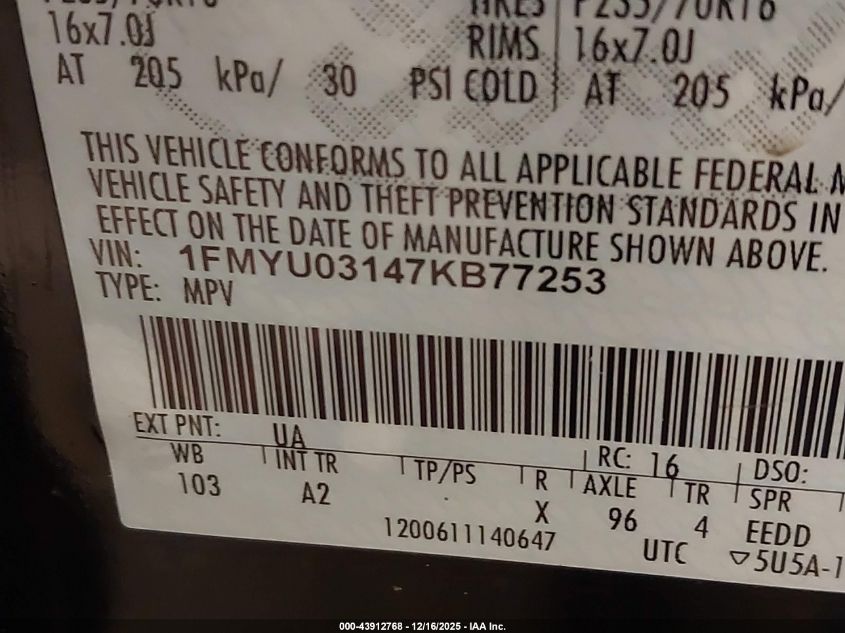 2007 Ford Escape Xlt/Xlt Sport VIN: 1FMYU03147KB77253 Lot: 43912768