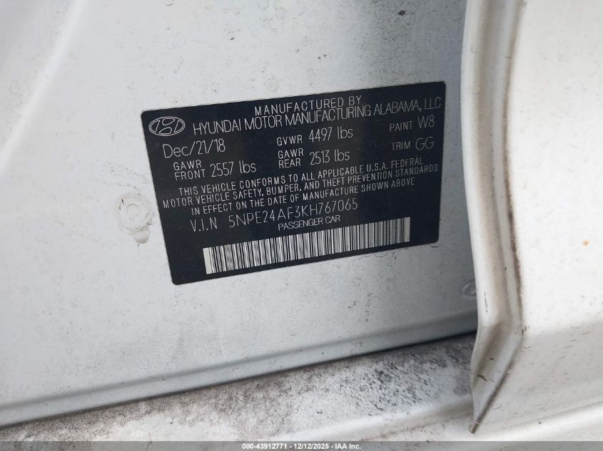 2019 Hyundai Sonata Se VIN: 5NPE24AF3KH767065 Lot: 43912771