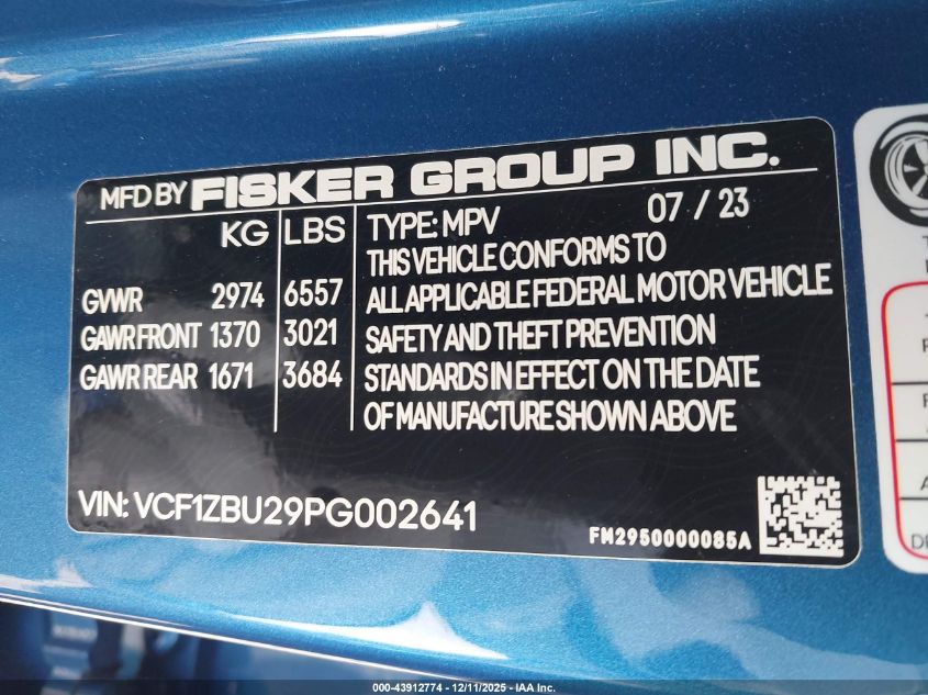2023 Fisker Ocean One VIN: VCF1ZBU29PG002641 Lot: 43912774