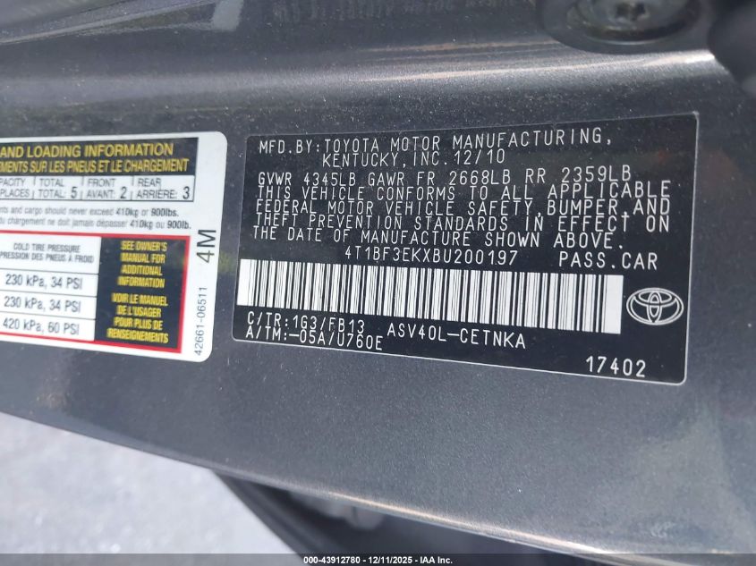 2011 Toyota Camry Le VIN: 4T1BF3EKXBU200197 Lot: 43912780