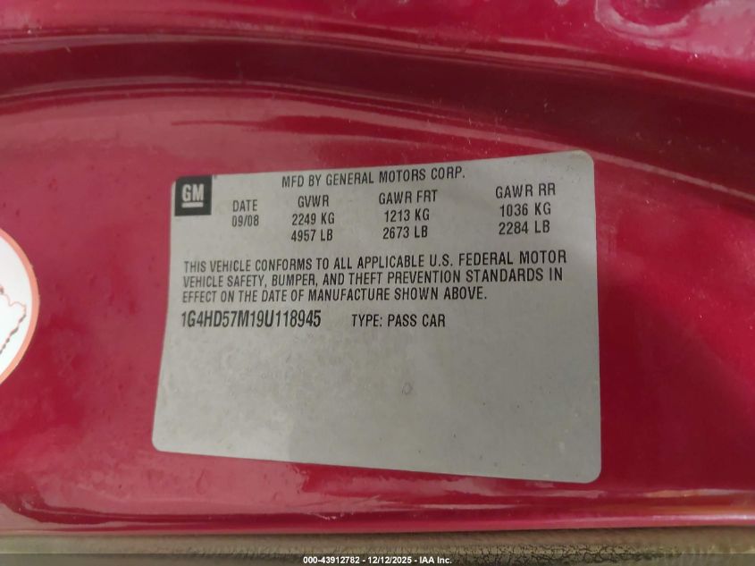 2009 Buick Lucerne Cxl-3 VIN: 1G4HD57M19U118945 Lot: 43912782