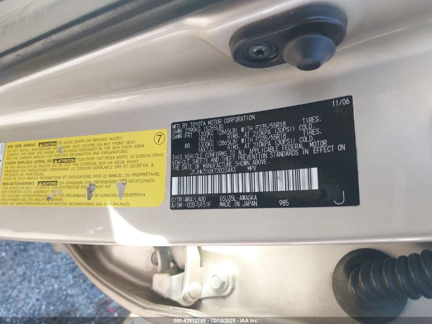 2007 Lexus Rx 350 VIN: JTJHK31UX72023443 Lot: 43912786