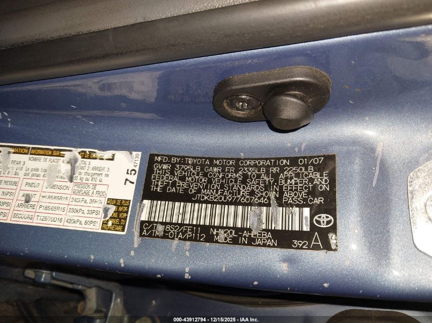 2007 Toyota Prius VIN: JTDKB20U977607646 Lot: 43912794
