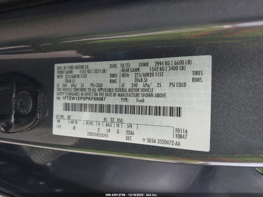 2023 Ford F-150 Xl VIN: 1FTEW1EP0PKF69087 Lot: 43912796