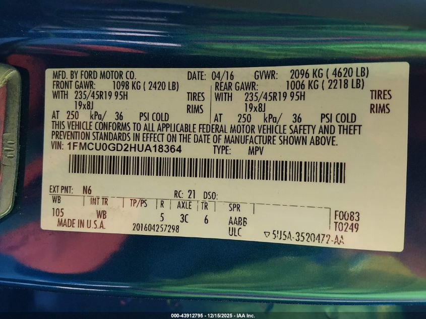 2017 Ford Escape Se VIN: 1FMCU0GD2HUA18364 Lot: 43912795