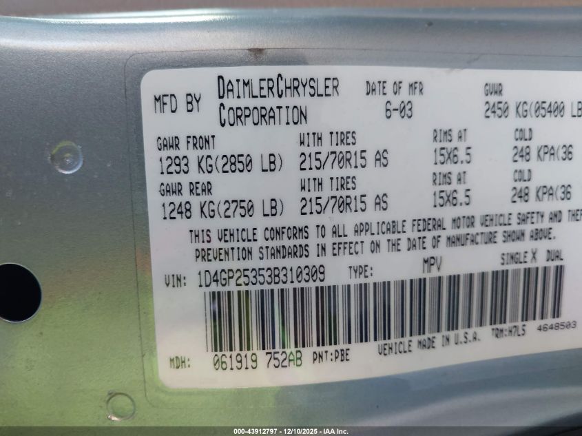 2003 Dodge Caravan Se VIN: 1D4GP25353B310309 Lot: 43912797