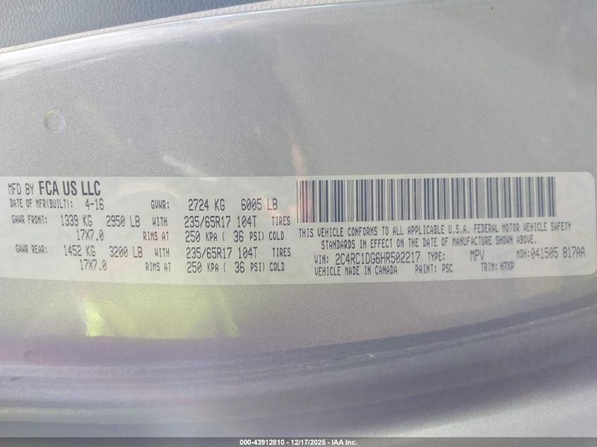 2017 Chrysler Pacifica Touring VIN: 2C4RC1DG6HR502217 Lot: 43912810