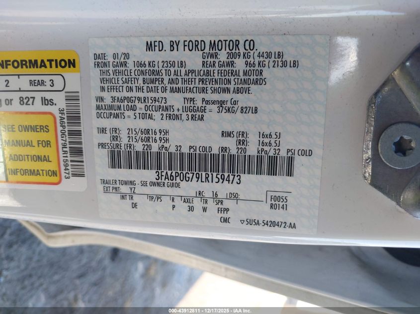 2020 Ford Fusion S VIN: 3FA6P0G79LR159473 Lot: 43912811