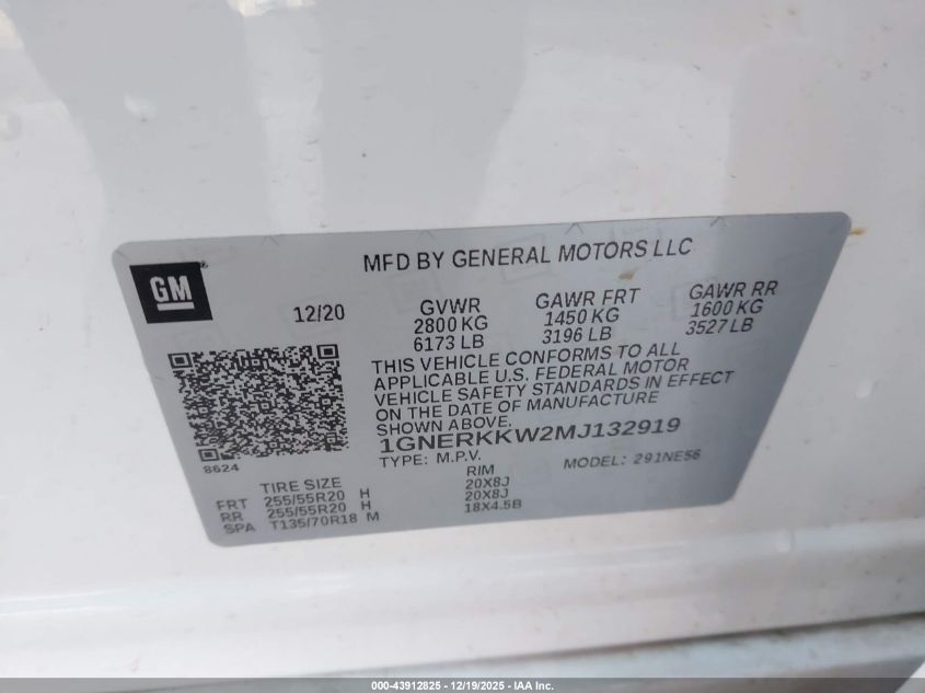 2021 Chevrolet Traverse Fwd Premier VIN: 1GNERKKW2MJ132919 Lot: 43912825