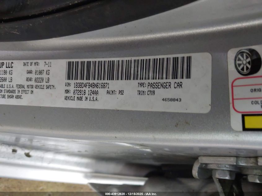 2011 Dodge Avenger Express VIN: 1B3BD4FB4BN616871 Lot: 43912828