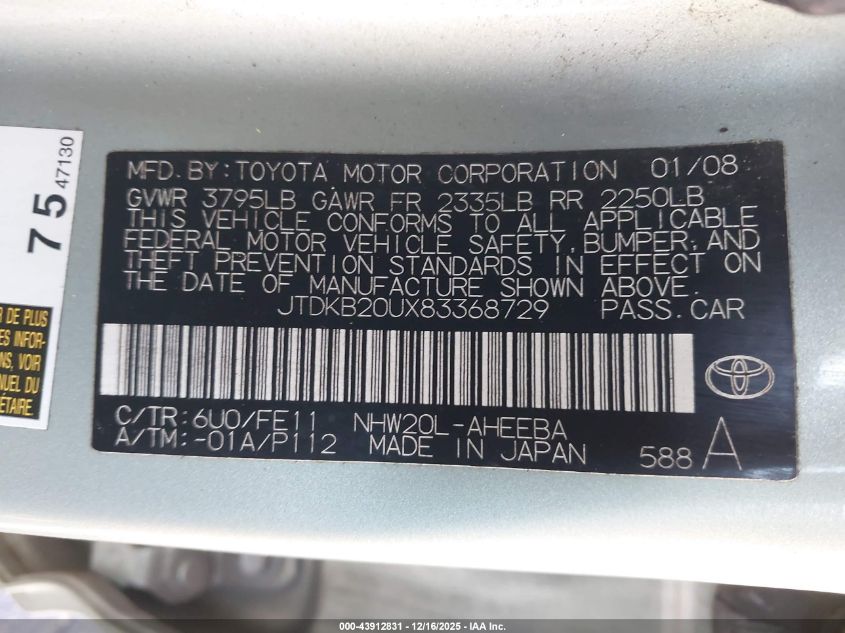 2008 Toyota Prius VIN: JTDKB20UX83368729 Lot: 43912831