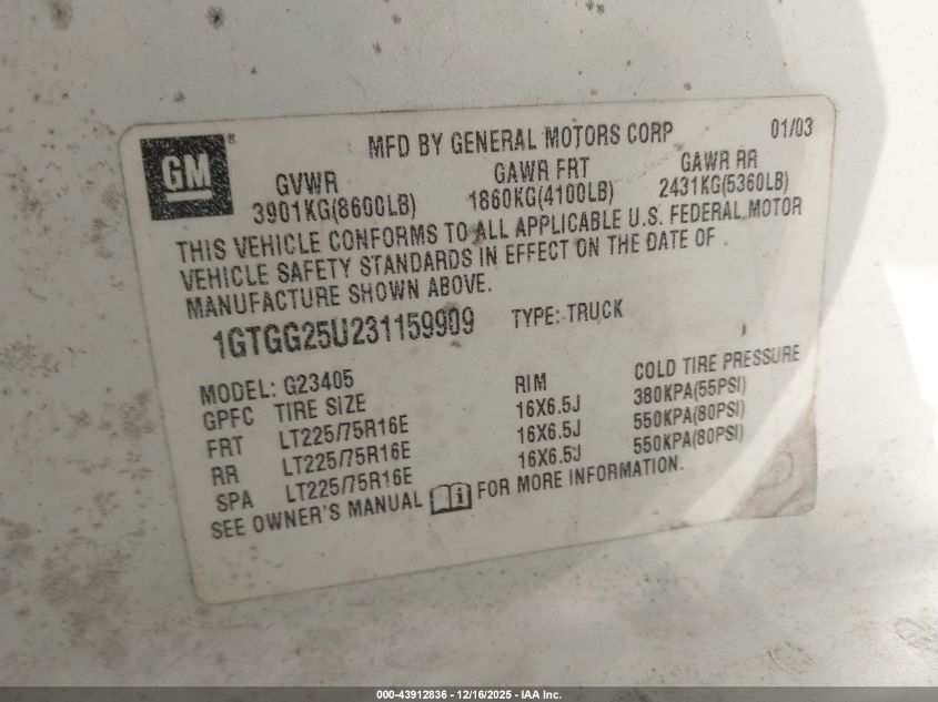 1GTGG25U231159909 2003 GMC SAVANA photo no. 9