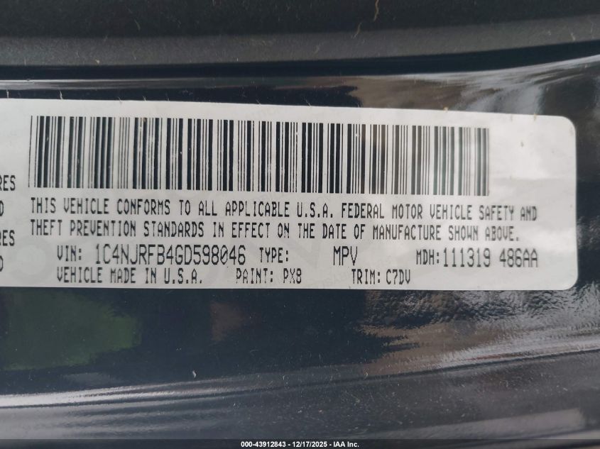 2016 Jeep Patriot Latitude VIN: 1C4NJRFB4GD598046 Lot: 43912843