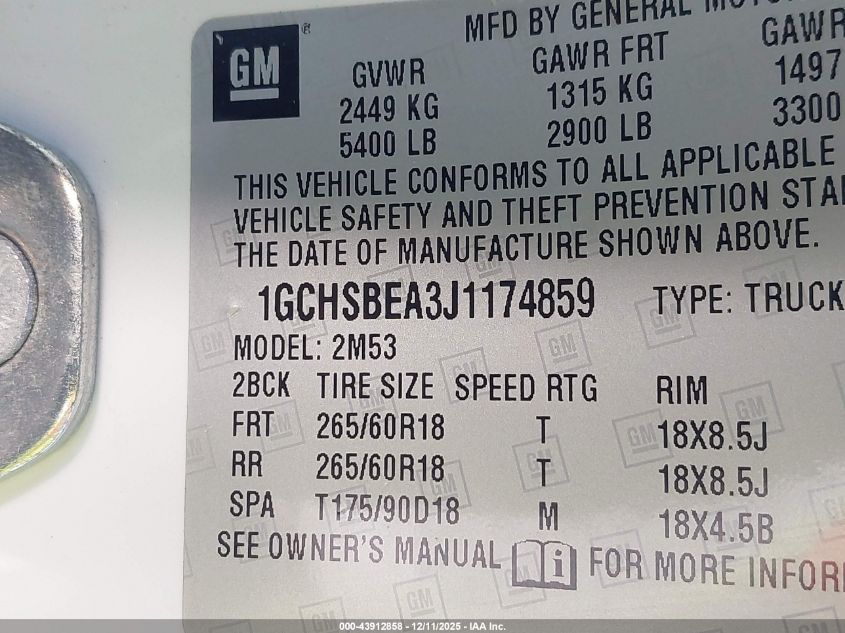 2018 Chevrolet Colorado Wt VIN: 1GCHSBEA3J1174859 Lot: 43912858