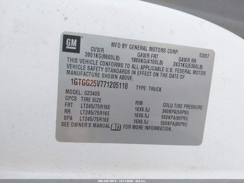 2007 GMC Savana Work Van VIN: 1GTGG25V771205118 Lot: 43912872