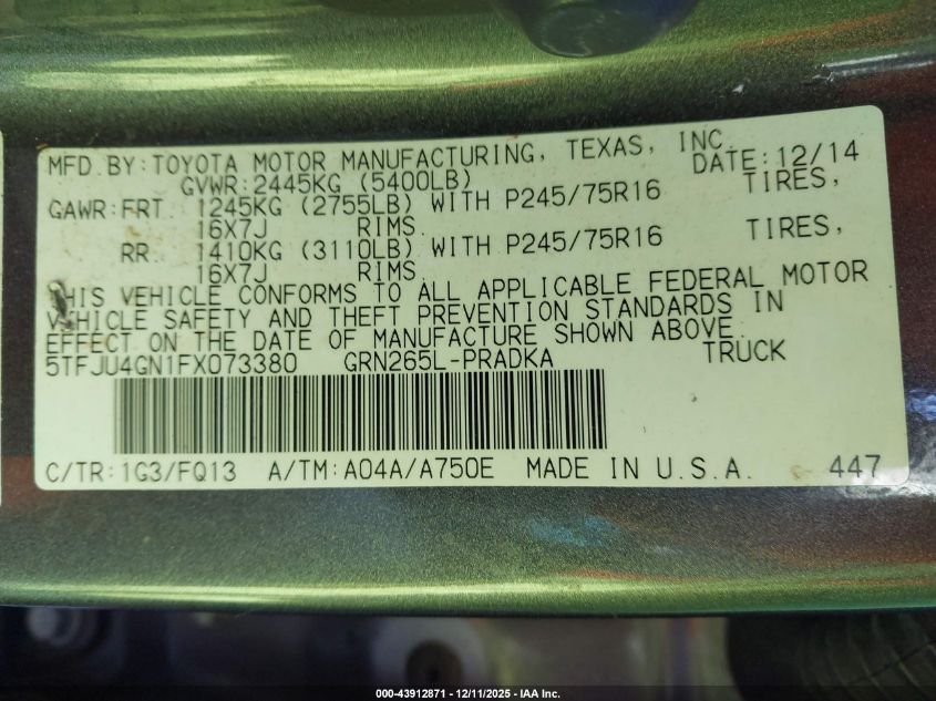 2015 Toyota Tacoma Prerunner V6 VIN: 5TFJU4GN1FX073380 Lot: 43912871