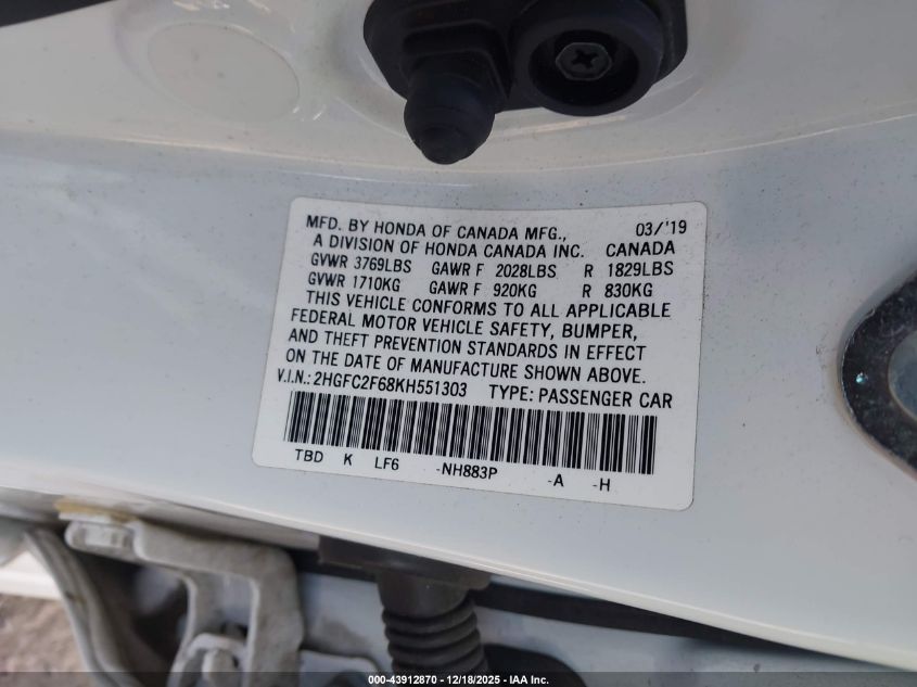 2019 Honda Civic Lx VIN: 2HGFC2F68KH551303 Lot: 43912870