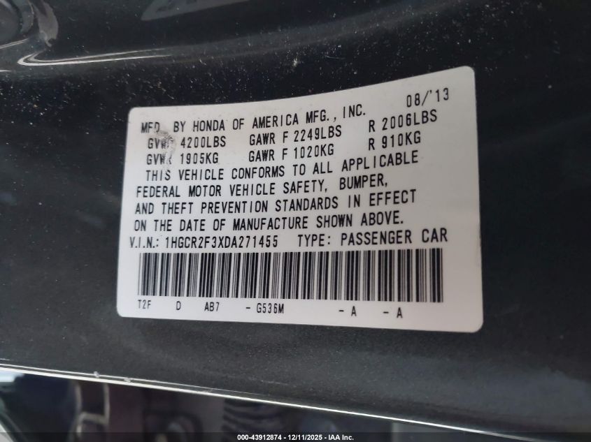 2013 Honda Accord Lx VIN: 1HGCR2F3XDA271455 Lot: 43912874