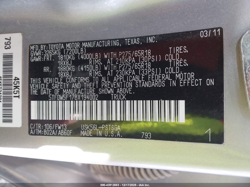 2011 Toyota Tundra Grade 5.7L V8 VIN: 5TFDW5F17BX194002 Lot: 43912883