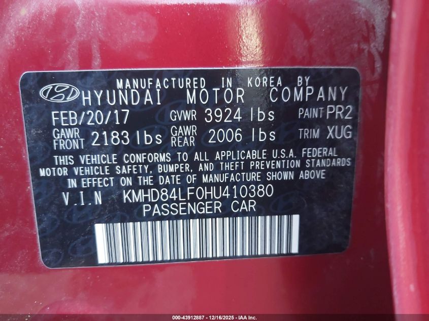 2017 Hyundai Elantra Se VIN: KMHD84LF0HU410380 Lot: 43912887