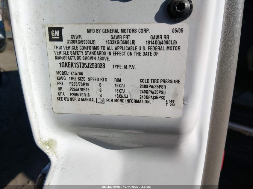 2005 GMC Yukon Sle VIN: 1GKEK13T35J253038 Lot: 43912893