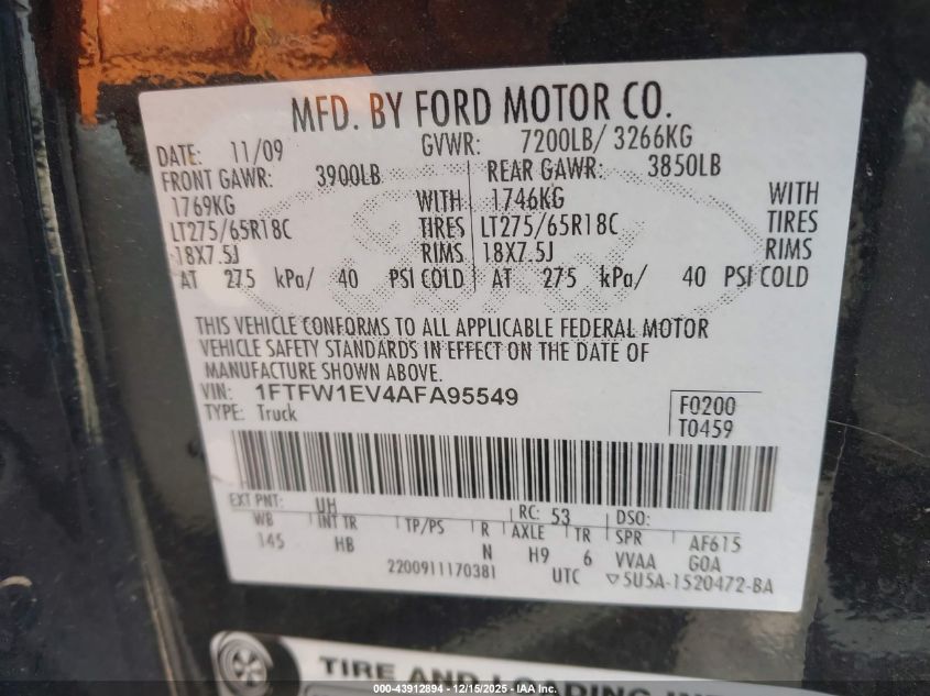 2010 Ford F-150 Fx4/Harley-Davidson/King Ranch/Lariat/Platinum/Xl/Xlt VIN: 1FTFW1EV4AFA95549 Lot: 43912894