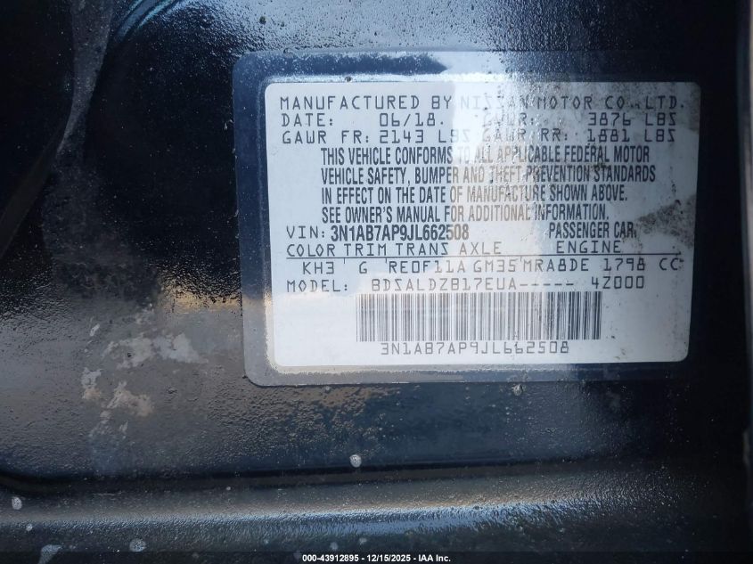 2018 Nissan Sentra Sv VIN: 3N1AB7AP9JL662508 Lot: 43912895