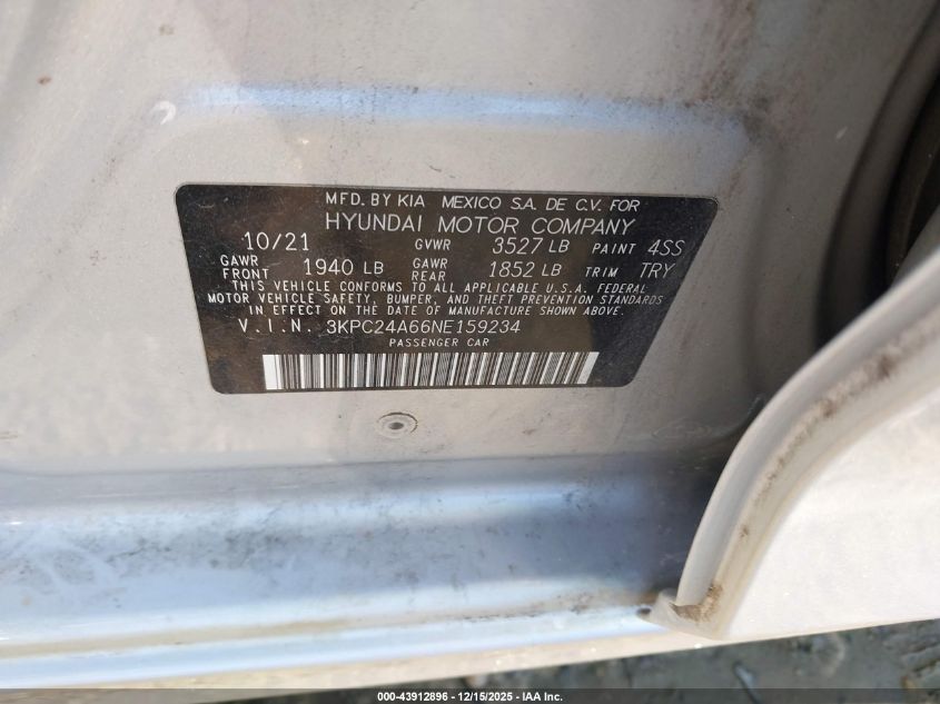 2022 Hyundai Accent Se VIN: 3KPC24A66NE159234 Lot: 43912896