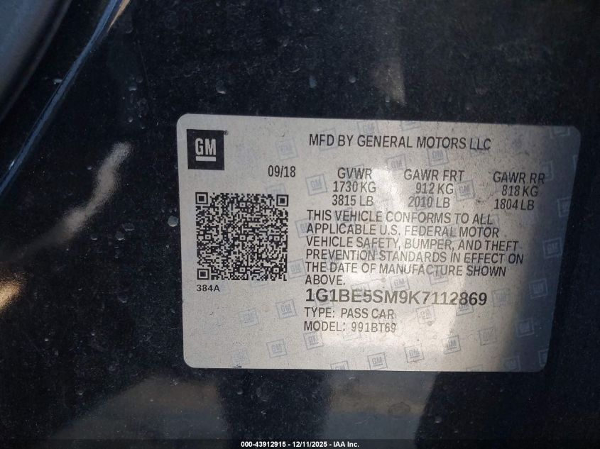 2019 Chevrolet Cruze Lt VIN: 1G1BE5SM9K7112869 Lot: 43912915