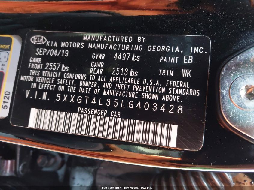 2020 Kia Optima Lx VIN: 5XXGT4L35LG403428 Lot: 43912917
